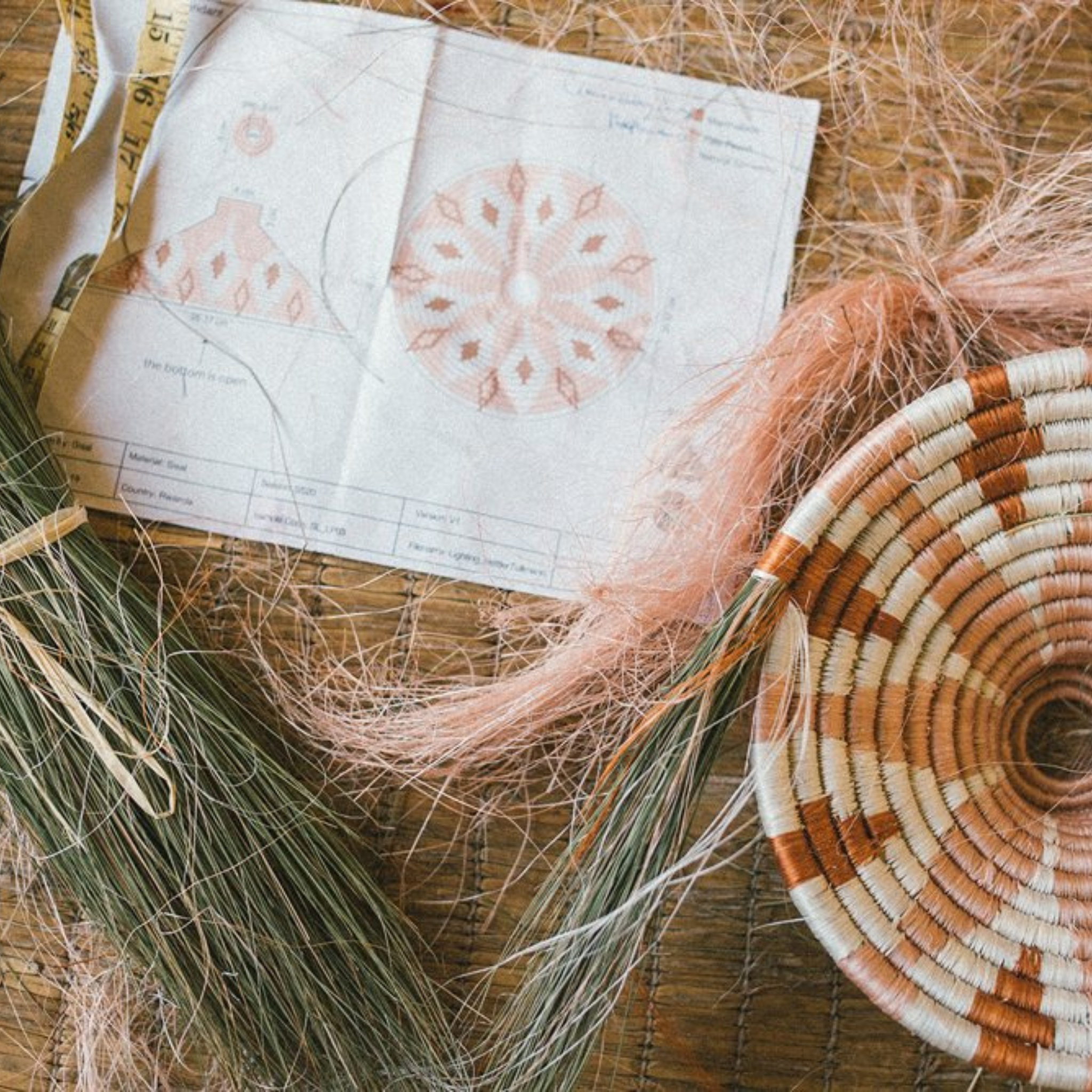 Colorful woven basket with blueprint and material next to it