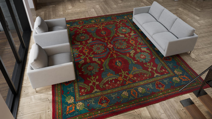 Red & Blue Antique Irish Donegal Rug - 12'2" x 14'1"