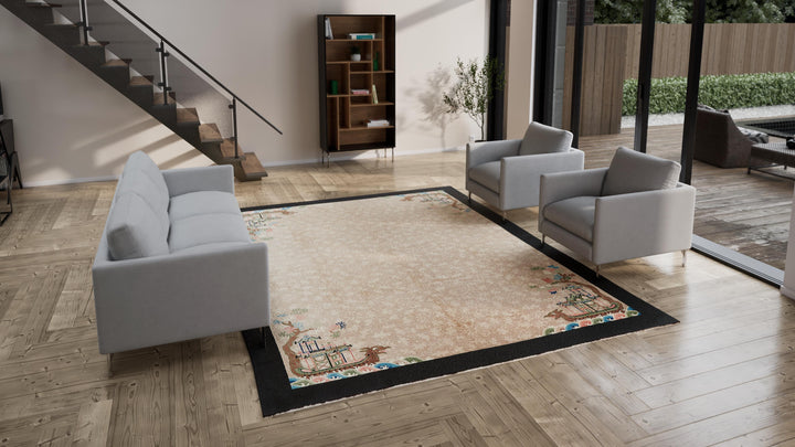 Beige & Black Antique Chinese Rug - 9'2" x 11'8"