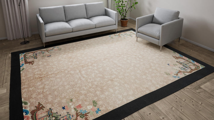 Beige & Black Antique Chinese Rug - 9'2" x 11'8"