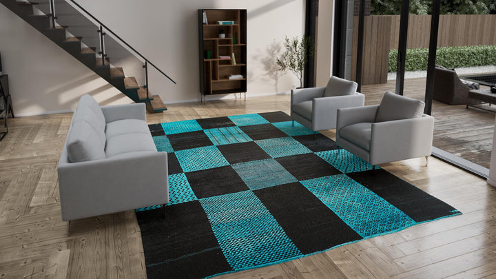 Blue Vintage Patchwork Wool Rug - 10'4" x 14'2"