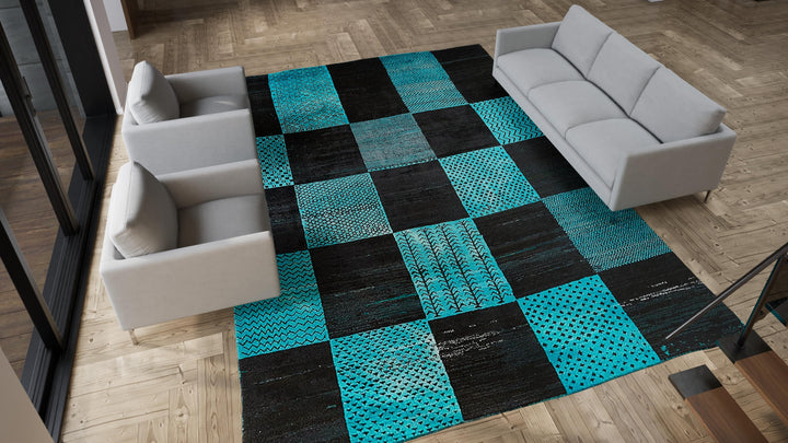 Blue Vintage Patchwork Wool Rug - 10'4" x 14'2"