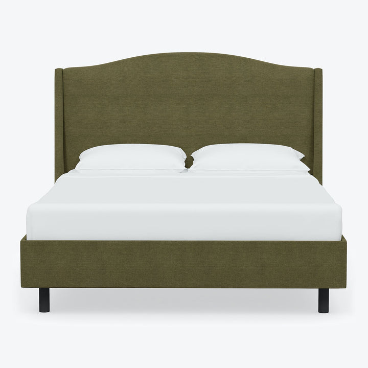 Minimalist modern bed with olive green upholstered headboard and frame