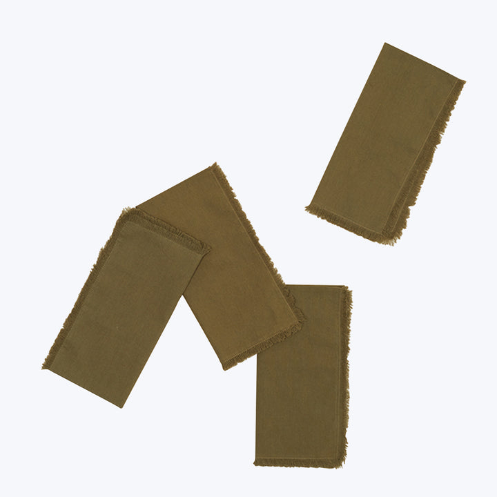 Three olive green fabric scraps with frayed edges on plain background.