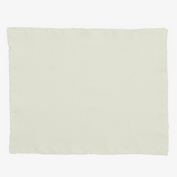 Plain off-white fabric with frayed edges on white background.