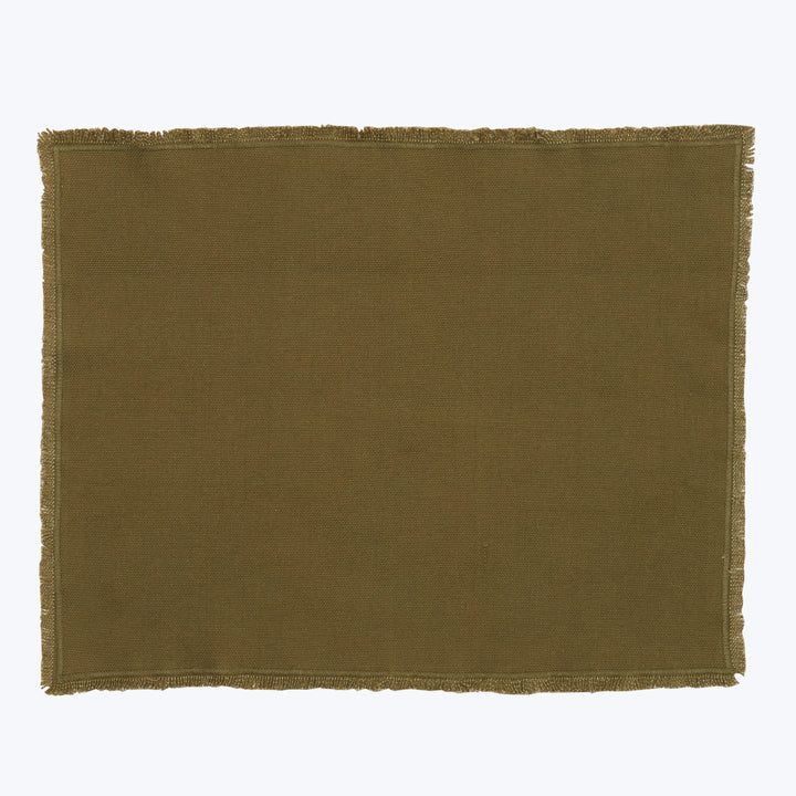 Olive green textured fabric with frayed edges displayed flat.