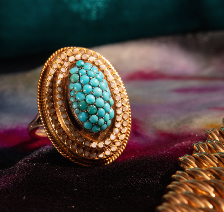 Victorian Turquoise and Enamel Cluster Ring in 14k Gold