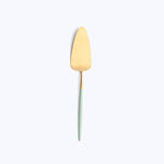 Minimalistic garden trowel with yellow blade and light green handle.