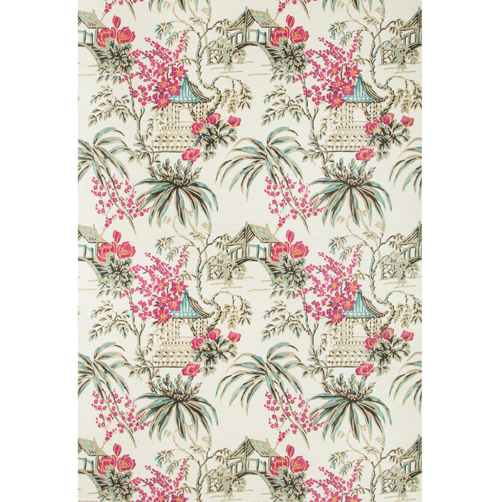 Chinoiserie-inspired floral and pagoda pattern on fabric or wallpaper.