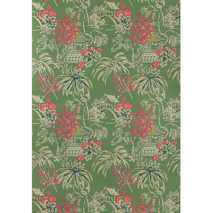 Green fabric with Asian-inspired pagoda, palm tree, and floral motifs.