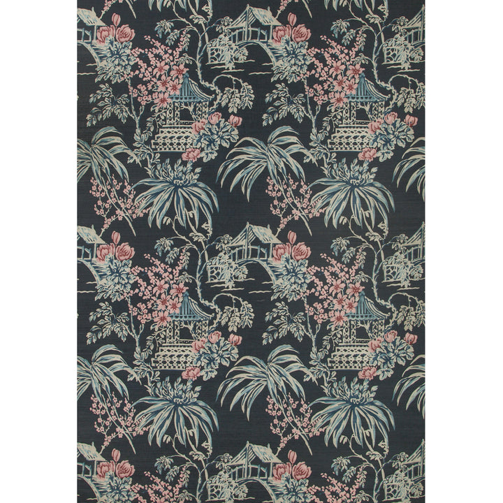 Intricate Asian-inspired fabric or wallpaper with pagodas and foliage design.