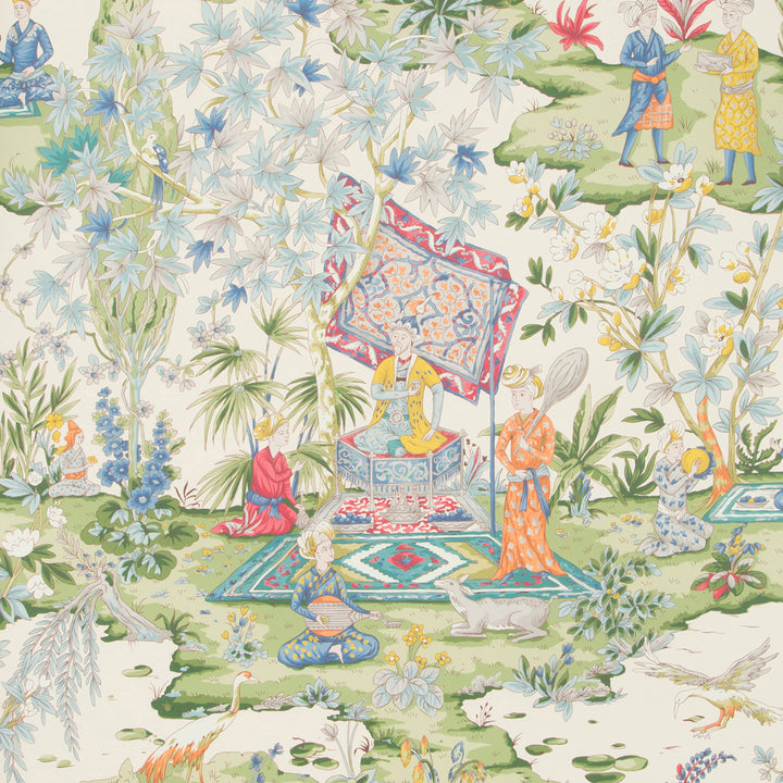 Colorful, detailed Asian-inspired scene with people, animals, and plants. Serene.