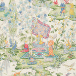 Colorful, detailed Asian-inspired scene with people, animals, and plants. Serene.