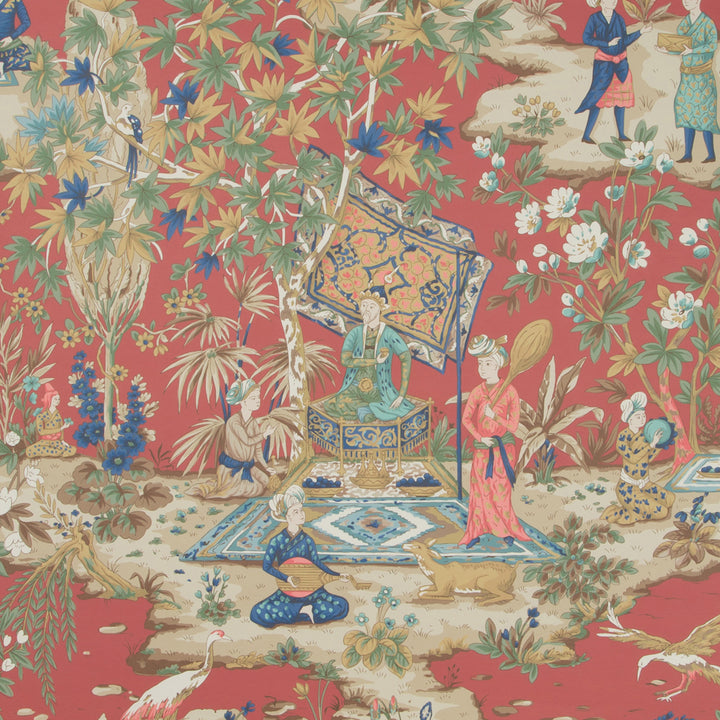 Colorful Asian-inspired print depicting court life with intricate details.