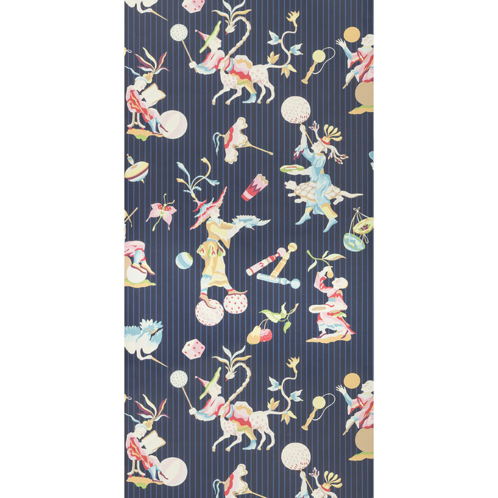 Whimsical unicorn pattern on navy background with pastel illustrations.