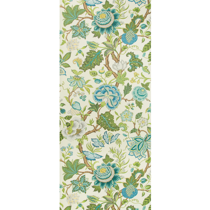 Vintage floral patterned fabric in blue and green hues.