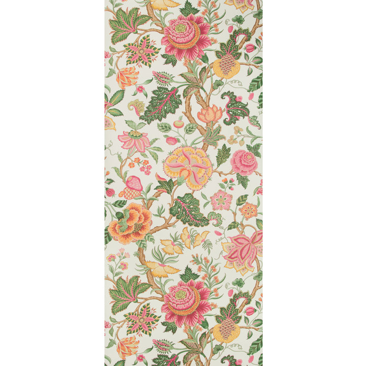 Intricate floral pattern in warm colors on off-white background design.