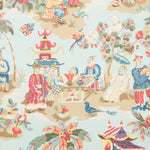 Chinoiserie-inspired pattern with Asian figures, nature elements, and pastel colors.