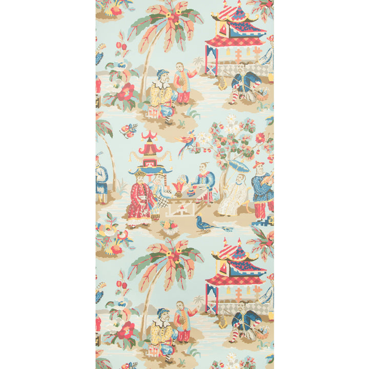 Colorful chinoiserie-inspired pattern with Asian figures in fantastical landscape.