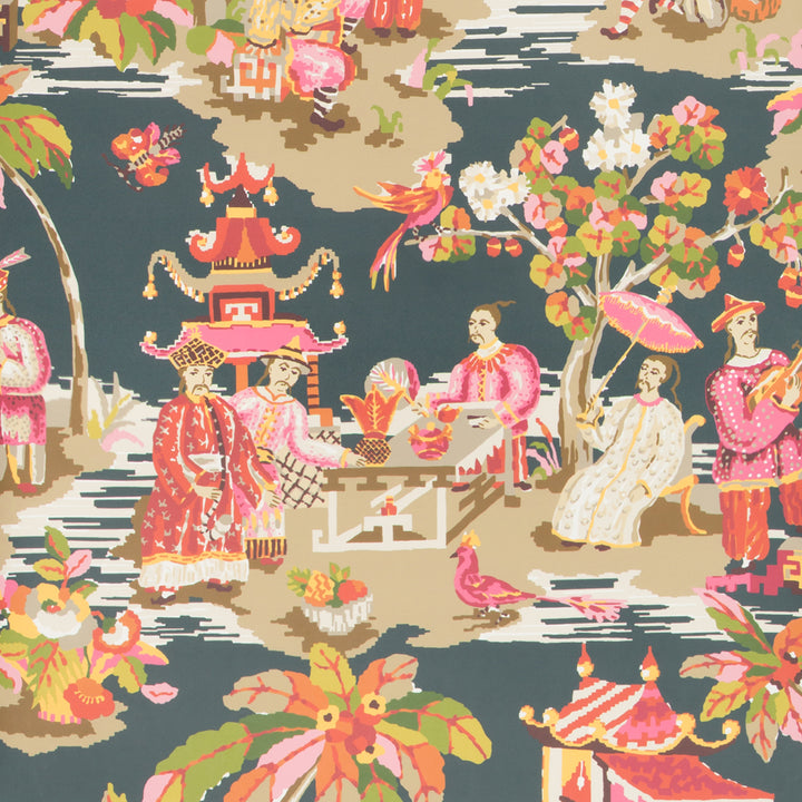 Vibrant Asian-themed scene with figures in traditional garments and flora.