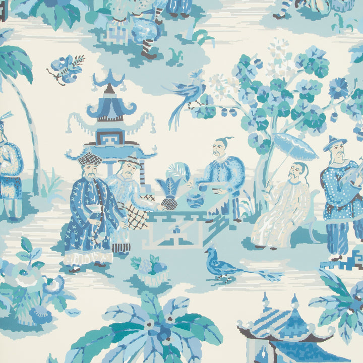 Chinoiserie-inspired pattern with traditional East Asian motifs in blue hues.