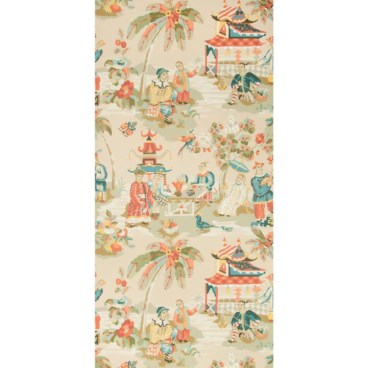 Chinoiserie-inspired pattern with Asian figures, buildings, flora, and fauna.