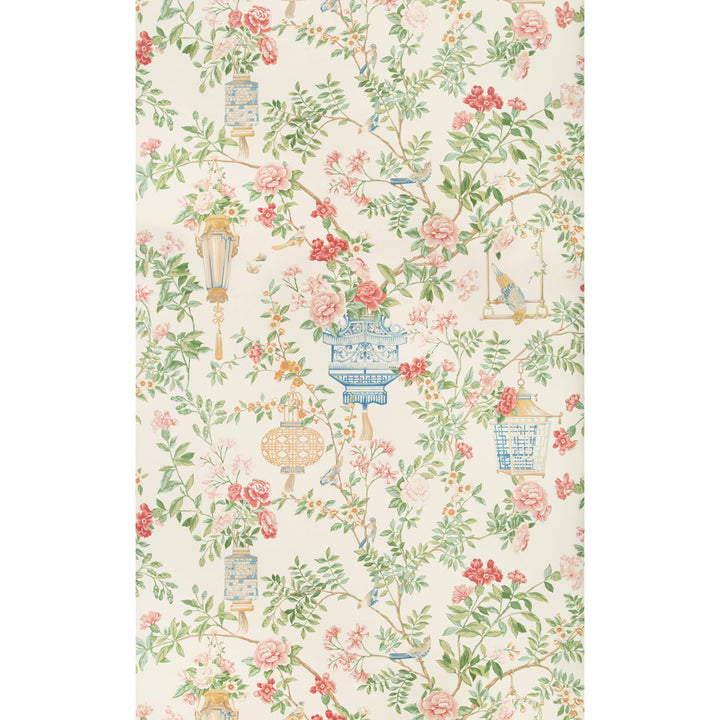 Vintage floral wallpaper with green foliage, pink roses and classical elements.