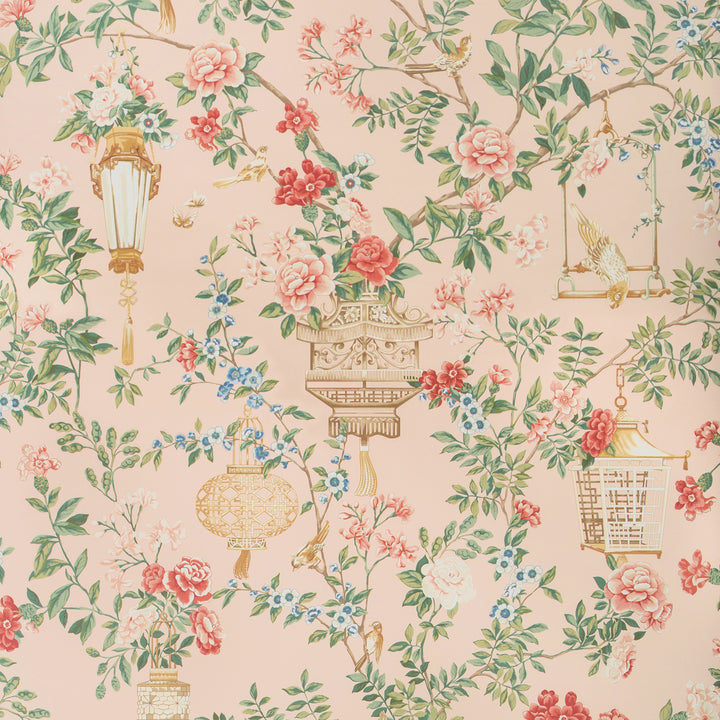 Chinoiserie-inspired decorative pattern with floral, lantern motifs on pink background.