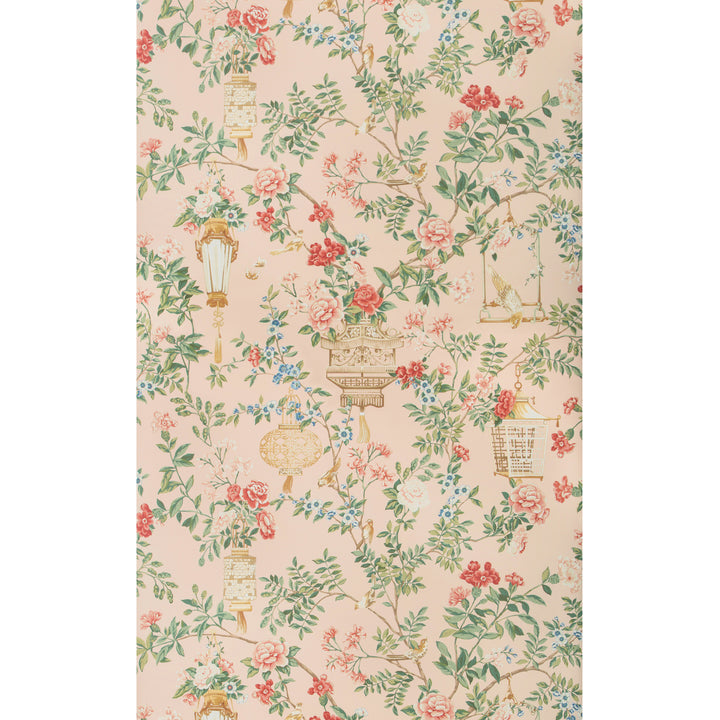 Elegant vintage floral pattern on pink background with decorative elements.
