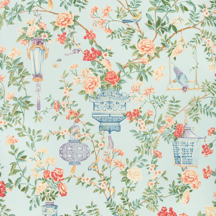 Vintage floral wallpaper with chinoiserie elements in light blue.