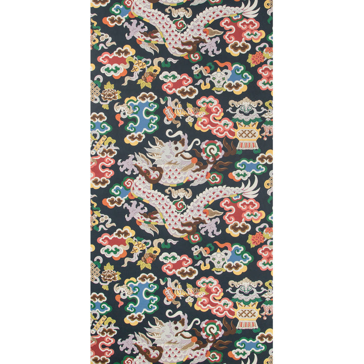 Traditional Asian dragon motif textile pattern on dark background design.
