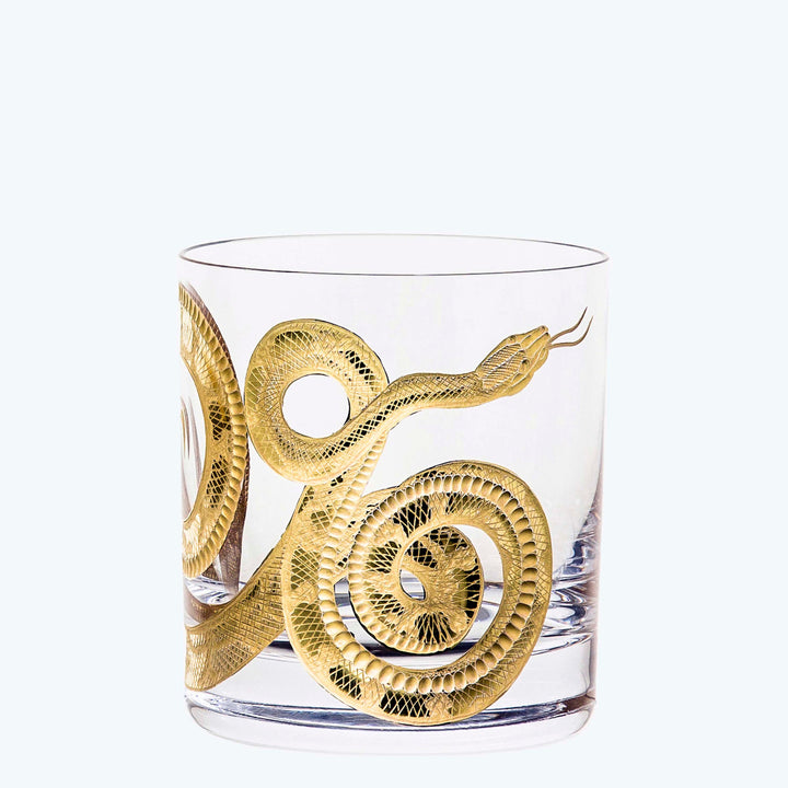 Intricately etched snake design on clear glass tumbler, white background.