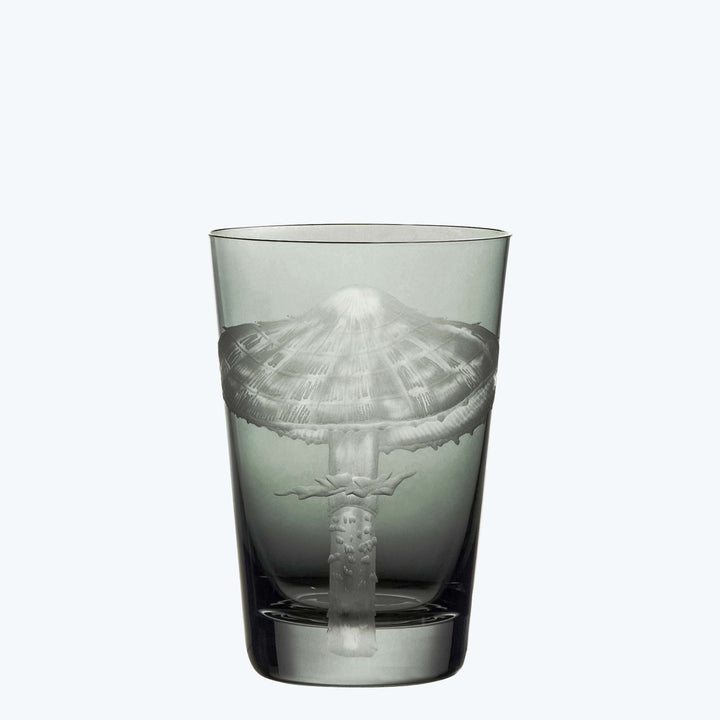 Intricate jellyfish etched on clear glass, suspended within thick base.