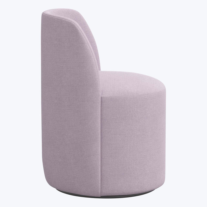 Modern armless chair in light purple linen upholstery with curved backrest