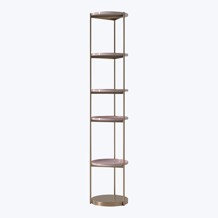 Modern freestanding corner shelving unit with metallic finish and five shelves.