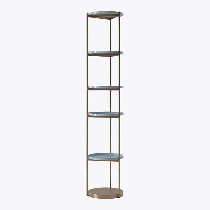 Sleek metallic shelf unit with minimalist design and five circular shelves.