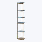 Sleek metallic shelf unit with minimalist design and five circular shelves.