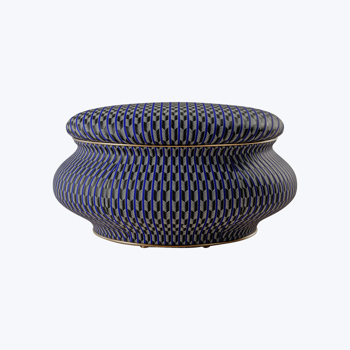 Intricately patterned decorative pot with vibrant colors and symmetrical design