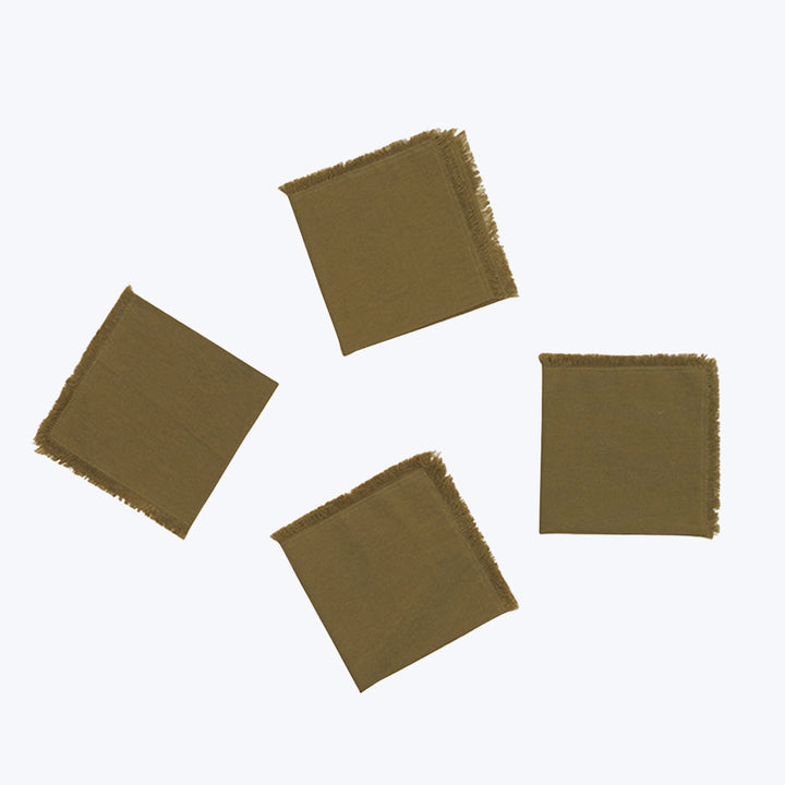 Five olive green fabric patches with frayed edges arranged randomly.