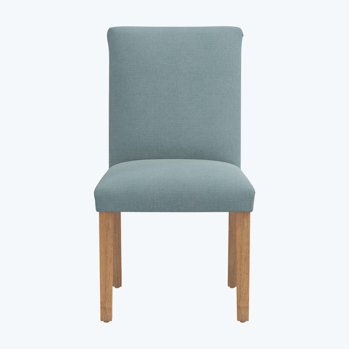 Modern dining chair with high back, gray upholstery, wooden legs.