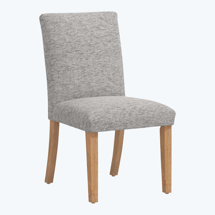 Modern grey upholstered dining chair with high backrest and wood legs