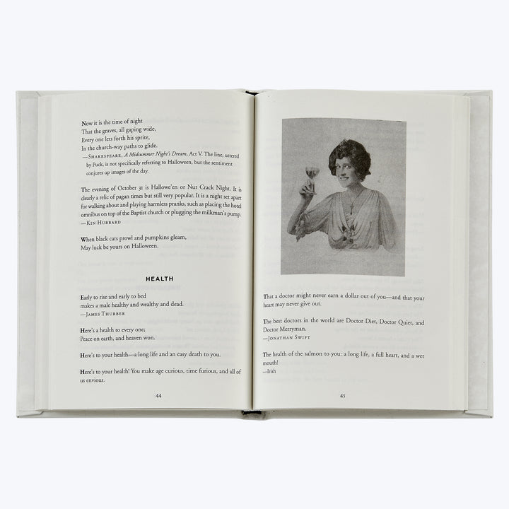 Pages 44-45 of book featuring Halloween, health quotes, and photo.