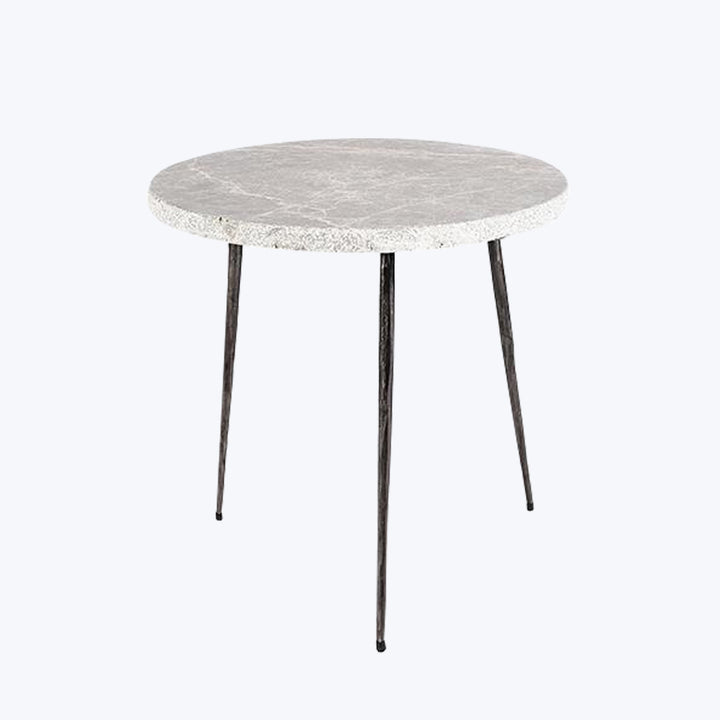 Mid-century modern round table with marble top and metal legs.