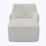 Modern armchair with simplistic design, light fabric upholstery, square form.