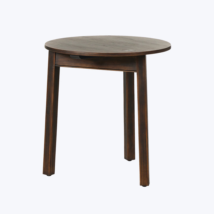 Classic round wooden side table with drawer, dark brown stain.