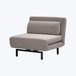 Modern armless chair with minimalist design and light grey upholstery.