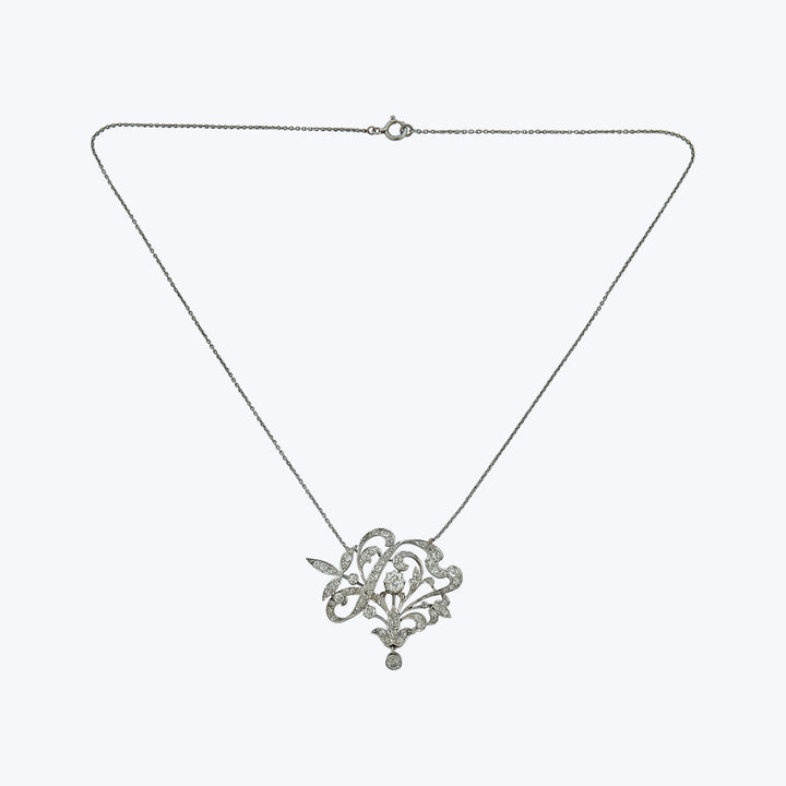 Art Nouveau Platinum Diamond Flora Pendant Necklace