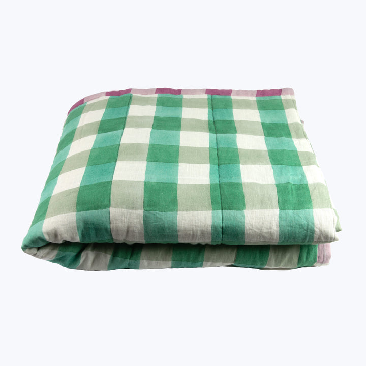 Blossom Plaid Linen Quilt Green / Queen