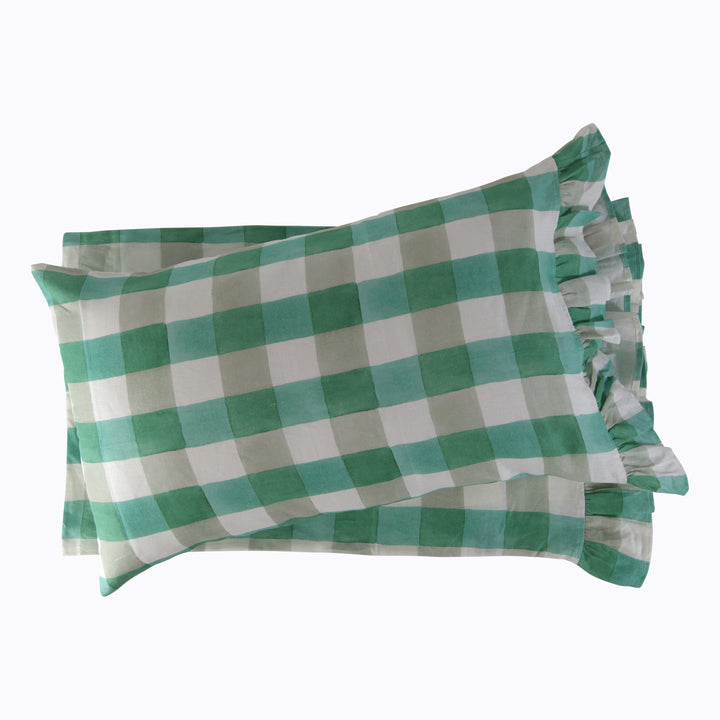 Blossom Plaid Linen Ruffle Pillowcase Pair Green / Standard
