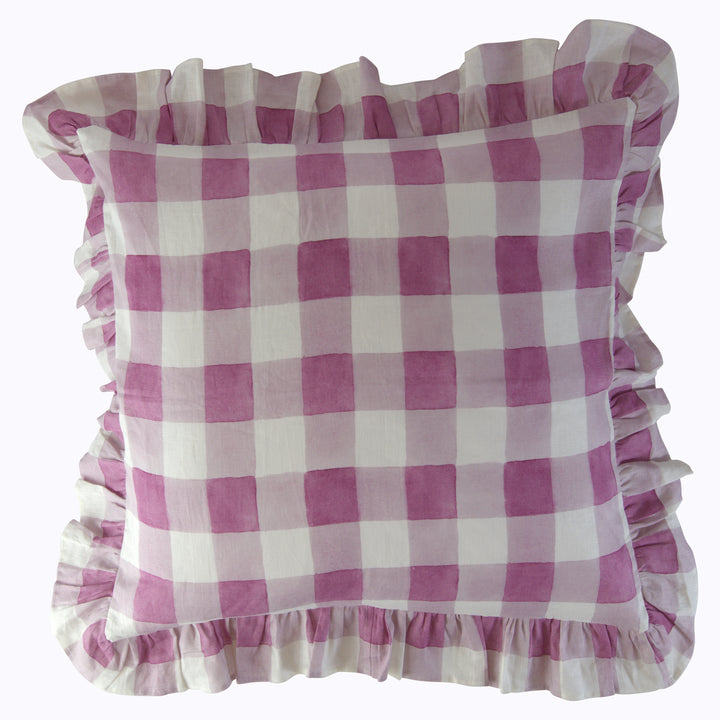 Blossom Plaid Linen Ruffle Euro Sham Pair Orchid